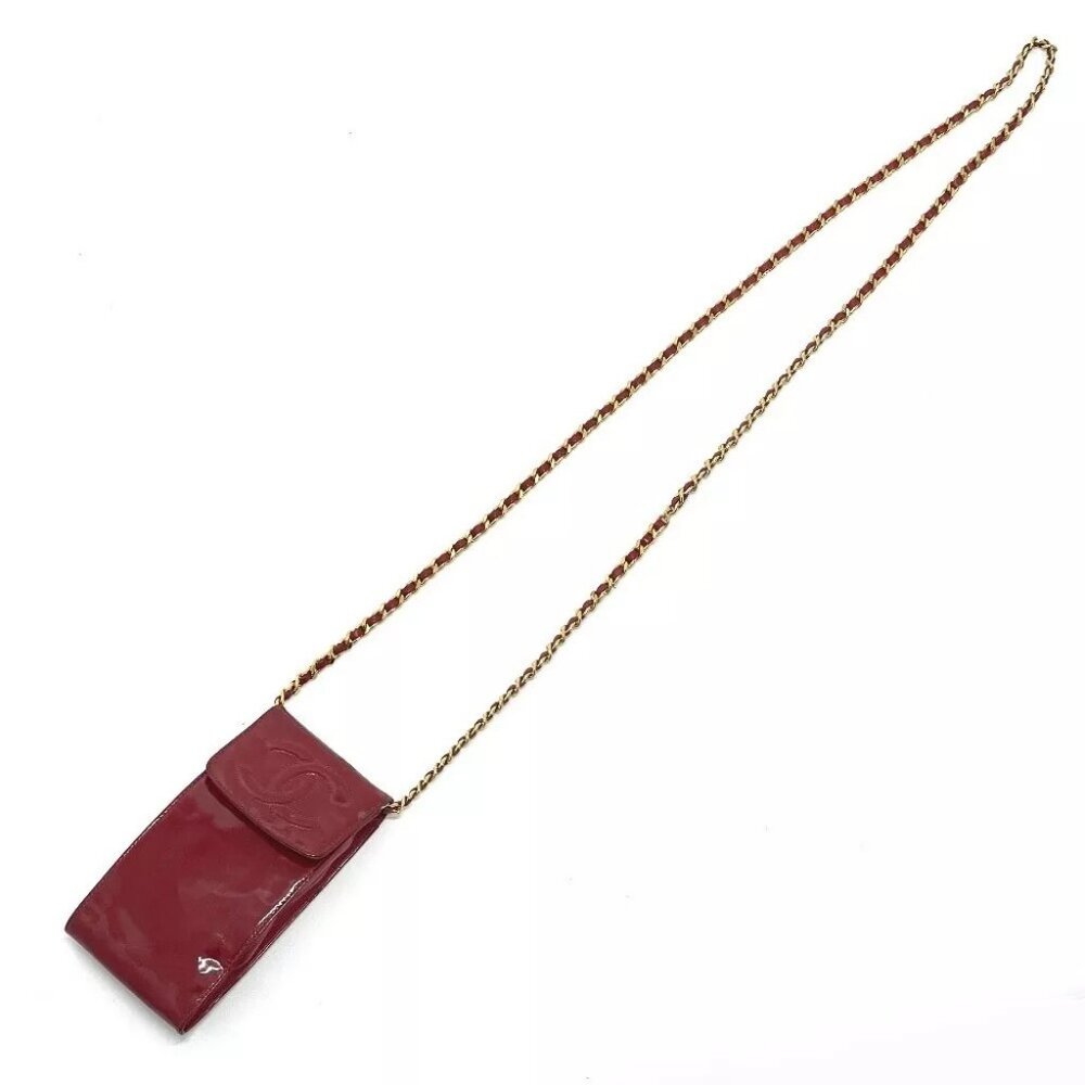 CHANEL Chain Pochette Pouch Shoulder Bag Patent Leather Red x GoldHardware - Picture 7 of 13